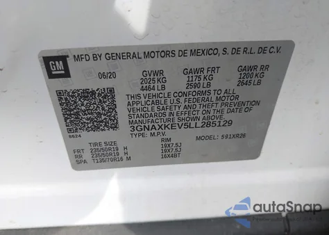 2020 Chevrolet Equinox Fwd Lt 1.5L Turbo из США, поврежденный, VIN 3GNAXKEV5LL285129